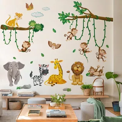 Jungle Animals Party Nursery Decor Kids Removable Wall Stickers Decals Monkeys • £6.95