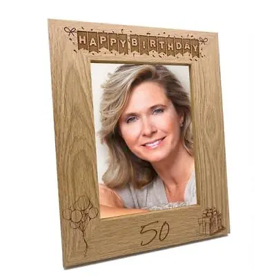 50th Birthday Photo Frame Portrait Wooden Engraved Bunting Style Gift FW663 • £14.45