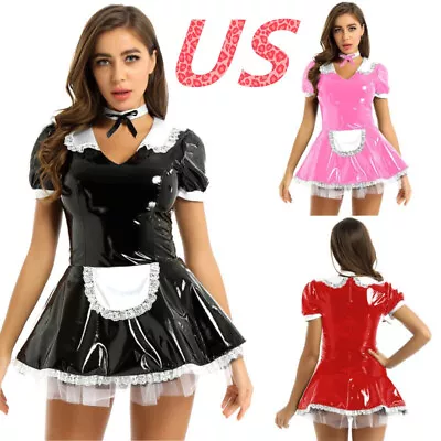 US Women's French Maid Cosplay Costume Outfits PVC Leather Lace Fancy Dress Ups • $7.51