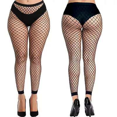 £4.50 • Buy Womens Large Net Footless Tights Black Fishnet Lace Wide Whale Diamond Ladies