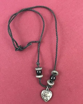 Vintage Horn Of Plenty Pewter Heart Leather Choker Necklace 1X19 • £14.48