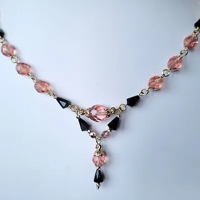 Necklace Czech Pink Glass Beads Gold Tone Vintage Women`s Jewelry Art Deco • $47.50