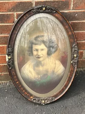 Antique Oval Tiger Wood Bubble Glass Convex Large Picture Frame 22”x 16”w/Photo • $114.99