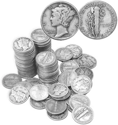 Mercury Dimes 90% Silver 50 Coin Roll $5 Face Value Average Circulated In Stock • $108.27