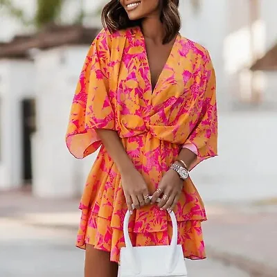 $25.99 • Buy Women Floral Boho V-neck Loose Batwing Sleeve Elastic Waist Beach Short Dress