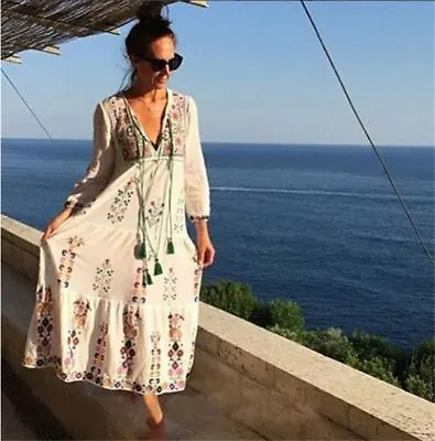 Women Hippie Mexican Floral Embroidered Deep V Neck BOHO Maxi Loose Dress • $28.49