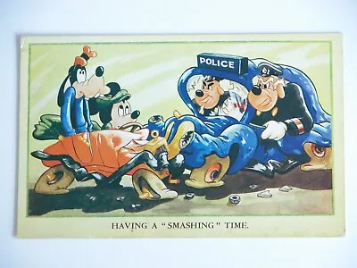 Vtg 50s 60s Walt Disney Postcard POLICE Car Wreck HAVING A SMASHING TIME London • $25