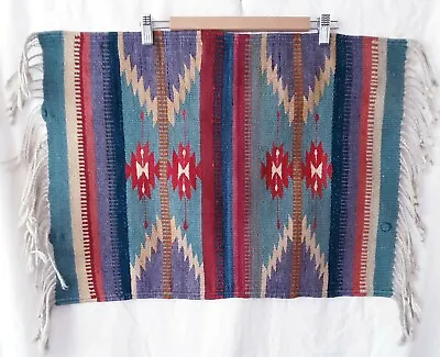 Vintage Oaxacan Mexican Hand Woven Wool Serape Blanket Rug 24  X 18  Tight Weave • $73.44