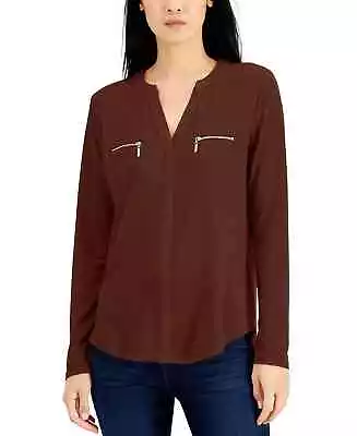 INC International Concepts Women's Zip-Pocket Blouse Color French Roast Size L • $38.96