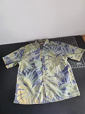 Kahala Men's Size Large Blue Hawaiian Shirt Monstera Green Floral Print • $22.22