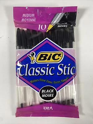 Vintage 1994 Bic Round Stic Black Medium 10 Pens Made In USA New NOS Sealed • $24.99