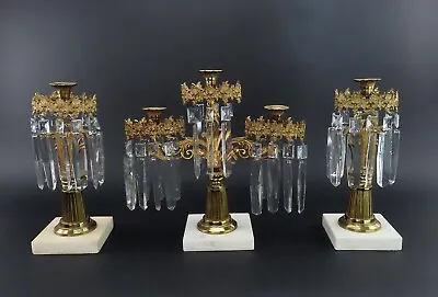 Exceptional C1850s 3pc Victorian Gilt Brass Mantle Luster Prisms Candelabra Set • $1200
