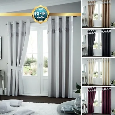 Diamante Fully Lined Curtains Ready Made Eyelet Fancy Curtain Ring Top Tie Backs • £16.99