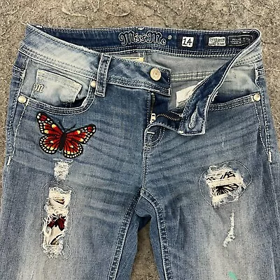 Miss Me Women Jeans 14 Blue Butter Fly Embroidered Straight Leg Ankle Skinny USA • $9.98