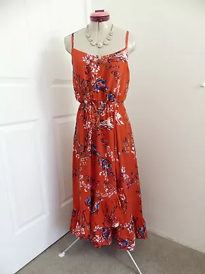 WITCHERY Orange Floral DRESS Size 10 Belted Ruffle Midi White BlueParty Cocktail • $36