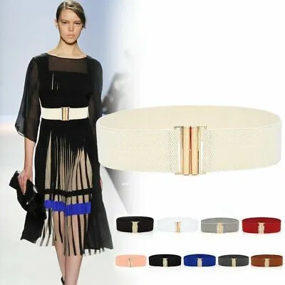 Women Elasticated Stretch Wide Belt Retro Vintage Waistband Dress Metal Buckle • £4.49