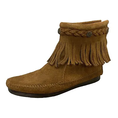 Minnetonka Hight Top  Boot Brown Suede Leather Fringe Zip Up Heel Size 7 • $21