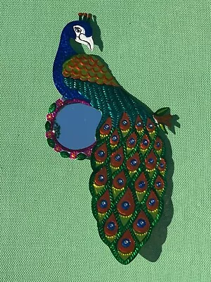 Pavo Real Peacock Mexican Hand Painted Punched Tin Mirror Wall Art 16x7 • $26.90