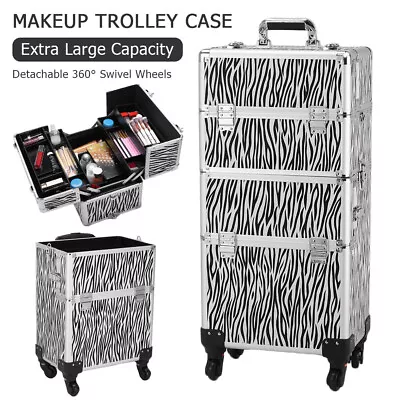 $104.38 • Buy Pro 3 In1 Aluminum Rolling Makeup Cosmetic Train Case Wheeled Box Zebra Print