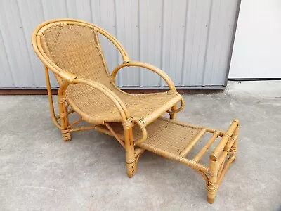 Vtg RATTAN / BAMBOO & WICKER LOUNGE CHAIR W/ PULL OUT FOOTSTOOL OTTOMAN Boho MCM • $350