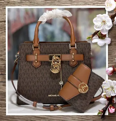 NWT Michael Kors HAMILTON SMALL Satchel Crossbody BAG & WALLET BROWN Sig Leather • $238.95