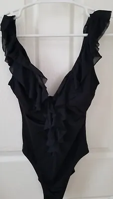 ABS Allen Schwartz Womens Black 1 Piece Swimsuit W Deep Ruffled V-Neck & Back 6 • $14.95