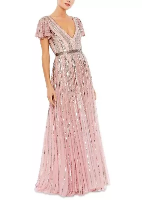 Mac Duggal Women's Sequin Stripe Tulle A Line Gown Pink Size 10 • $206.55