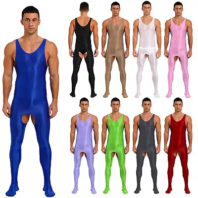 Mens Glossy Smooth Open Crotch Full Body Bodysuit Footed Jumpsuit Sport Swimwear • $15.63