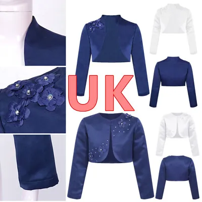 UK Kids Girls Cardigan Satin Bolero Shrug Flower Girl Dress Coat Jacket Cover Up • £4.08