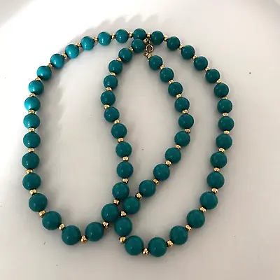 £19.99 • Buy Vintage Trifari Necklace Green Plastic Bead Gold Tone Spacer Bead 74cm Signed