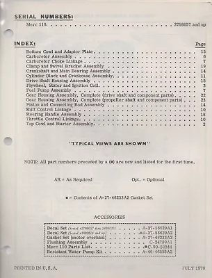 July 1970 Mercury Outboard Merc 110 Parts Manual (361) • $23.98