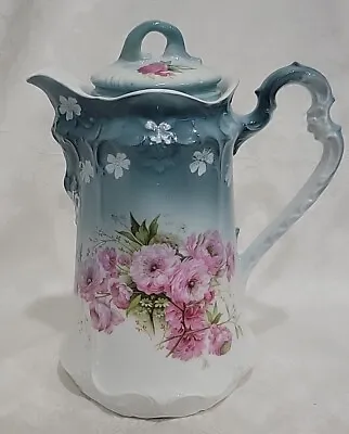 C.T. Germany Carl Tielsch Porcelain Chocolate Pot Blue W/ Roses  Mark 1875-1934. • $79.99