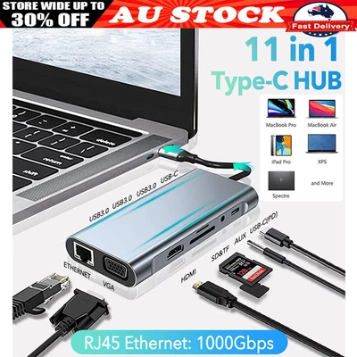 $45.99 • Buy 11 In 1 USB C Hub 4K HDMI Adapter VGA Dongle 3 USB 3.0 Ports SD/TF Type C PD AUX