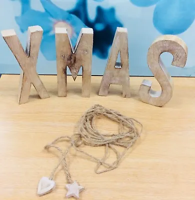 £7.99 • Buy Solid Wood Block Letters XMAS + Hessian Cord Rustic Decoration Ornament