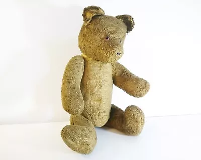 Vintage Straw Stuffed Teddy Bear Jointed Glass Eyes 1950s Poland Europe 22  • $65