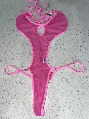 Sexy Sheer When Wet Malibustrings Bikini Micro One Piece Thong Swimsuit Pink New • $99.80