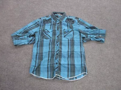 Roar Shirt Adult M Blue Plaid Embroidered Pockets Western Casual Grunge Mens • $29.95