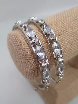 1-Pair Vintage Silver Tone Hoop Earrings With Crystal Accent - One Size • $15.40