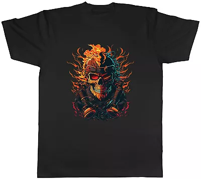 Biker Skull Mens T-Shirt Rock Flames Fire Skeleton Unisex Tee Goth • £8.99