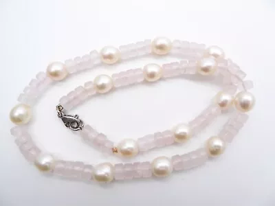 Vintage Sterling Silver Rose Quartz & Baroque Freshwater Pearl Necklace • $56