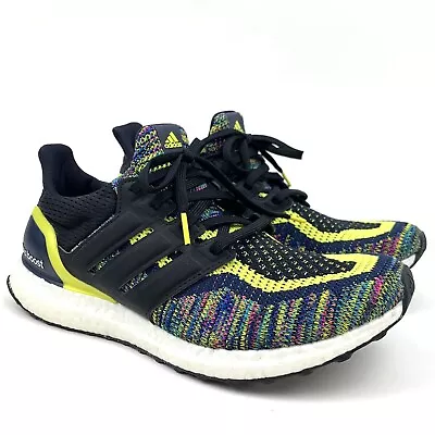 Adidas Boost Sneakers Black Shock Yellow Rainbow Tennis Shoes Men’s Size 9.5 • $75