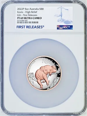 $549.99 • Buy 2022 Australia Pink Gold GILT HIGH RELIEF 5oz Silver Koala $8 Coin NGC PF69 FR