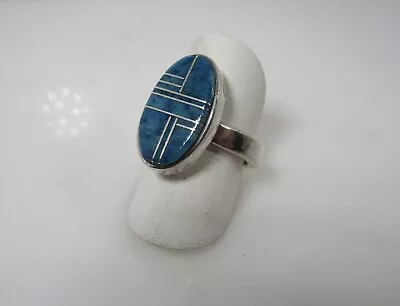 Denim Lapis Inlay Oval Bezel Sterling Silver Ring Southwestern Style Sz 7 • $35