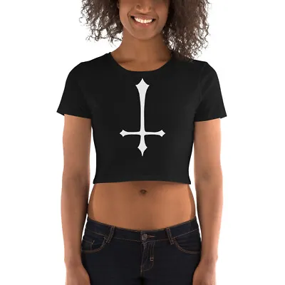 White Inverted Satanic Unholy Cross Women’s Crop Tee • £29.92