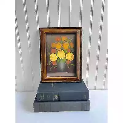 Small Vintage Oil Painting Of Yellow Roses Flower Bouquet In Faux Wood Frame • $44.99