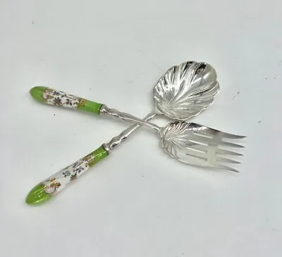 Vintage A.E. Lewis & Co Sheffield England Serving Green  Porcelain Spoon Set • $125