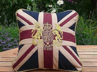 Royal Crest Style Cushion In Gold Embroidery On A Union Jack In 100% Cotton • £25