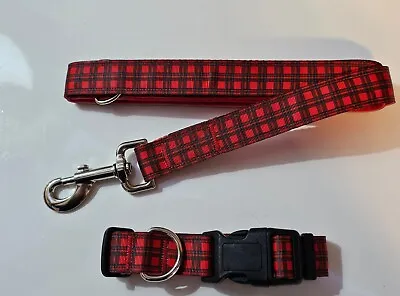 Handmade Adjustable Dog Collar & Lead Set Tartan Design SEE DESC FOR COLLAR SIZE • £14.99