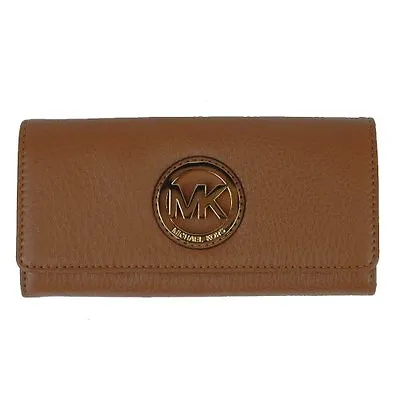 Michael Kors Fulton Brown Luggage Leather+gold Flap Continental Walletclutch • $135.99