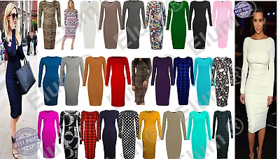 £8.99 • Buy WOMENS LADIES LONG SLEEVE MIDI DRESS STRETCH BODYCON PLAIN JERSEY MAXI PLUS Size
